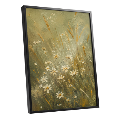 Daisies in the Golden Grass, green, white, beige floral wall art shown as a black framed poster wall art print
