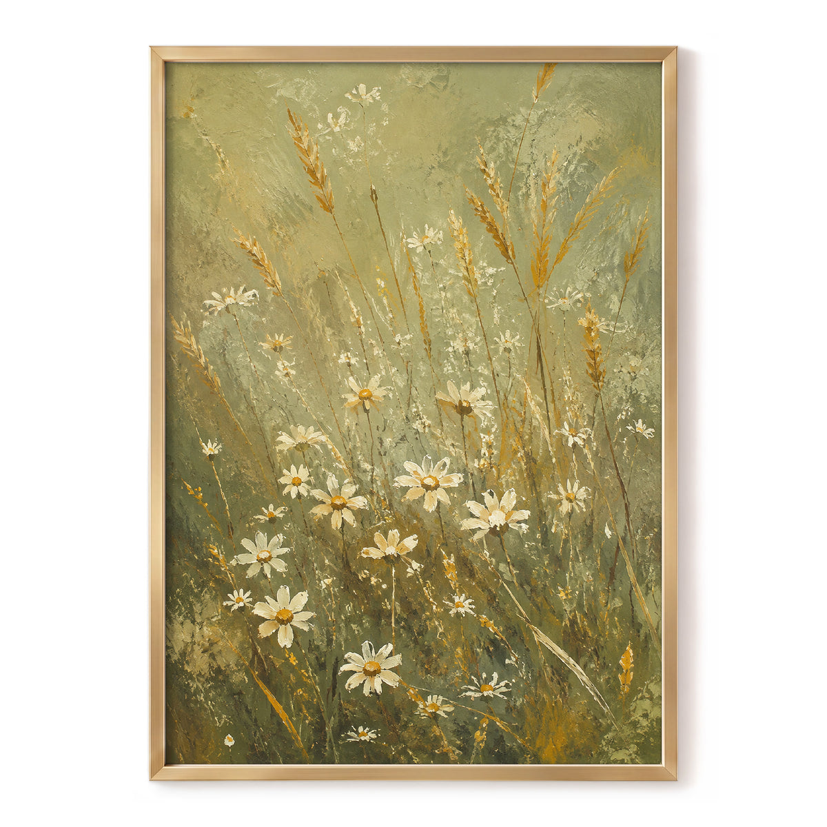 Daisies in the Golden Grass, green, white, beige floral wall art, front artwork view
