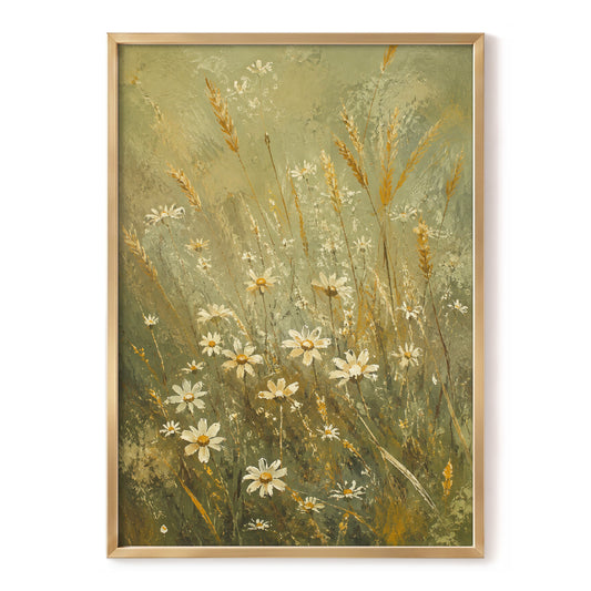 Daisies in the Golden Grass, green, white, beige floral wall art, front artwork view
