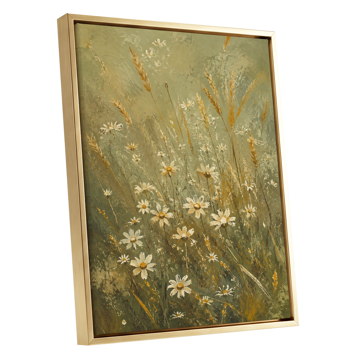 Daisies in the Golden Grass, green, white, beige floral wall art shown as a gold framed canvas wall art