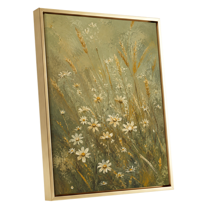Daisies in the Golden Grass, green, white, beige floral wall art shown as a gold framed canvas wall art