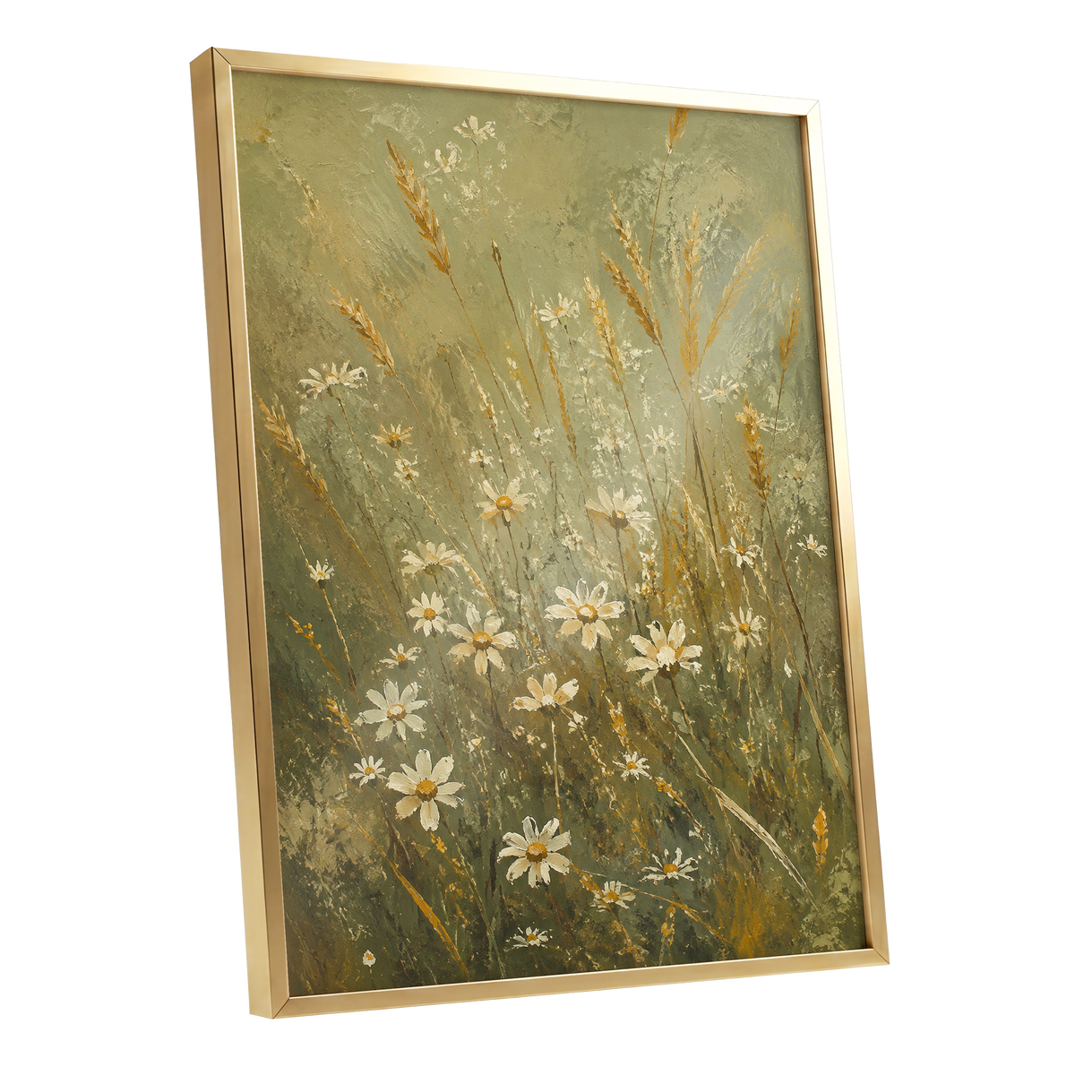 Daisies in the Golden Grass, green, white, beige floral wall art shown as a gold framed poster wall art print