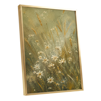 Daisies in the Golden Grass, green, white, beige floral wall art shown as a gold framed poster wall art print