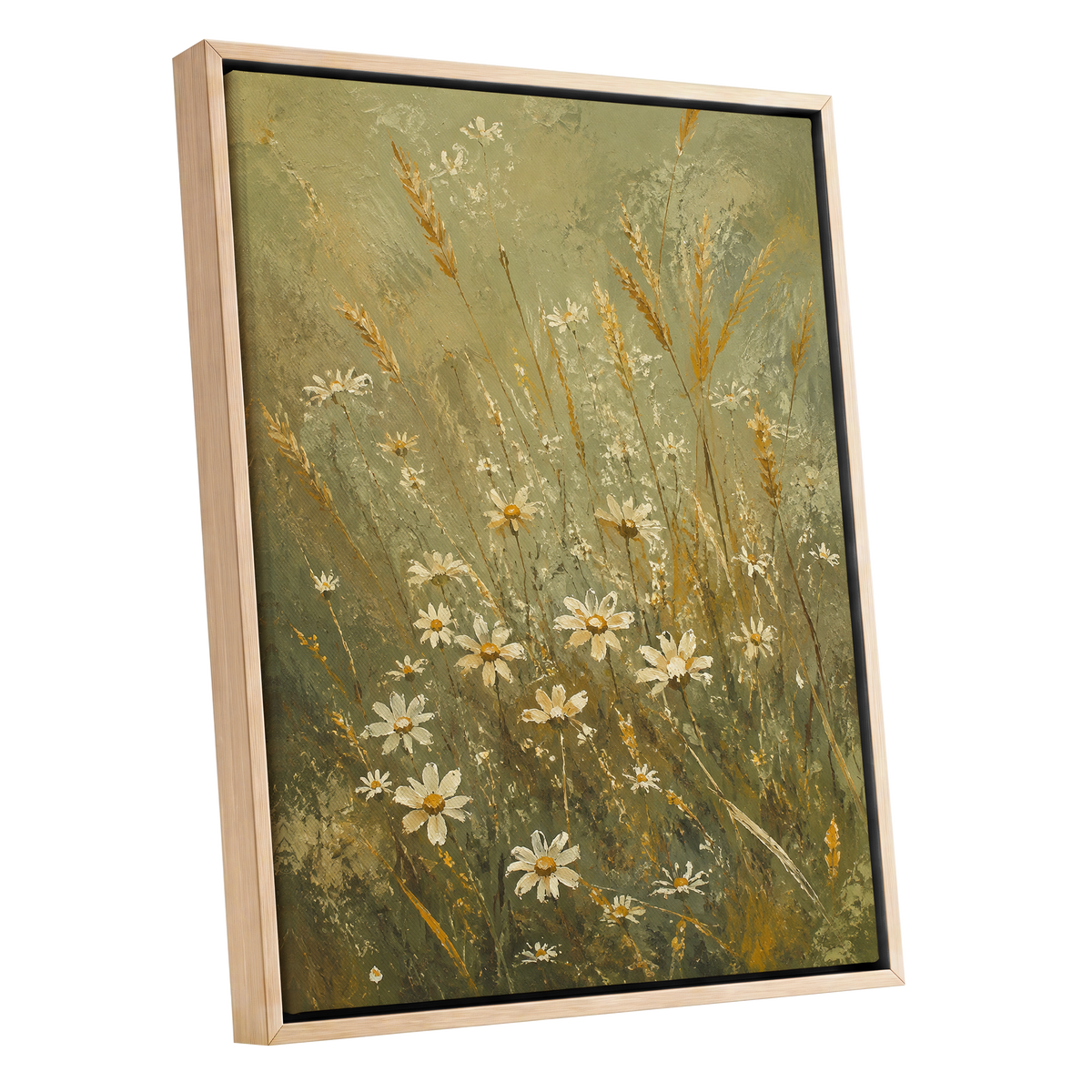 Daisies in the Golden Grass, green, white, beige floral wall art shown as a oak framed canvas wall art