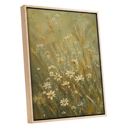 Daisies in the Golden Grass, green, white, beige floral wall art shown as a oak framed canvas wall art