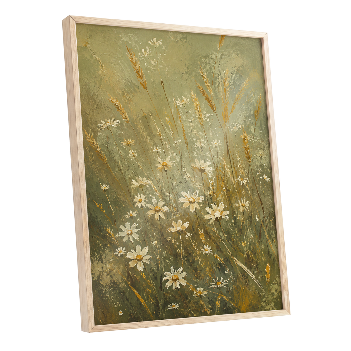 Daisies in the Golden Grass, green, white, beige floral wall art shown as a oak framed poster wall art print