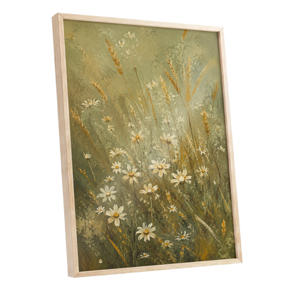 Daisies in the Golden Grass, green, white, beige floral wall art shown as a oak framed poster wall art print