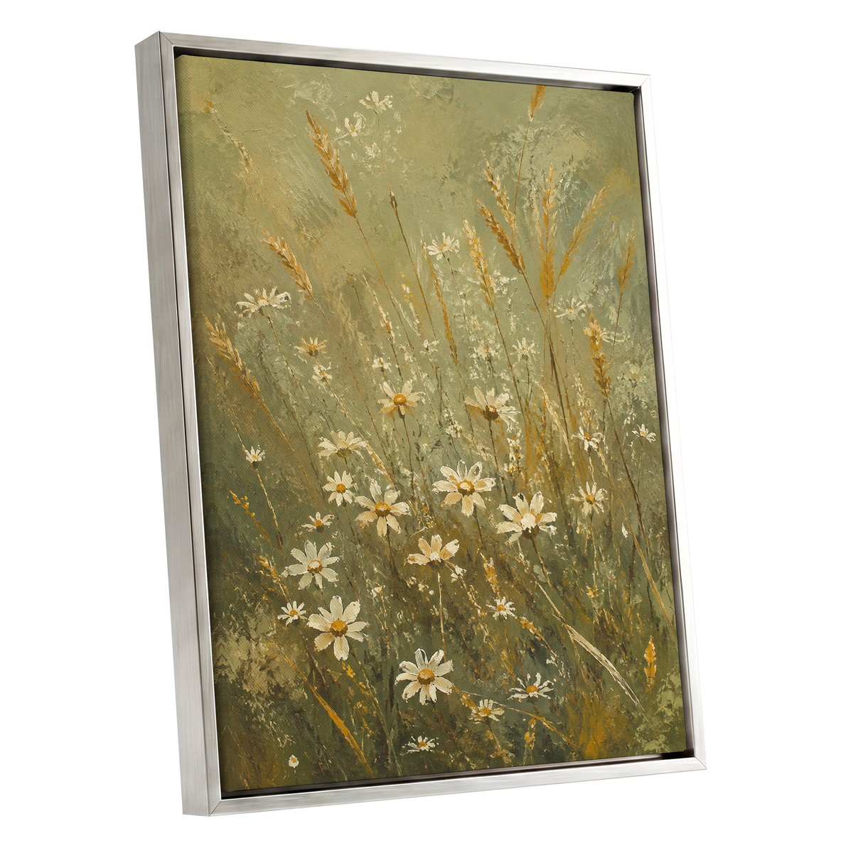 Daisies in the Golden Grass, green, white, beige floral wall art shown as a silver framed canvas wall art