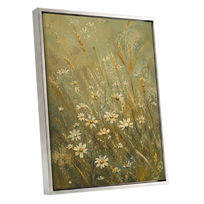 Daisies in the Golden Grass, green, white, beige floral wall art shown as a silver framed canvas wall art