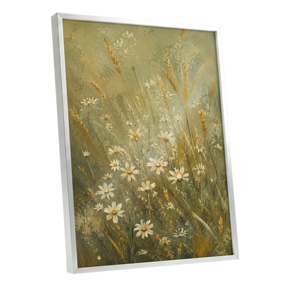 Daisies in the Golden Grass, green, white, beige floral wall art shown as a silver framed poster wall art print