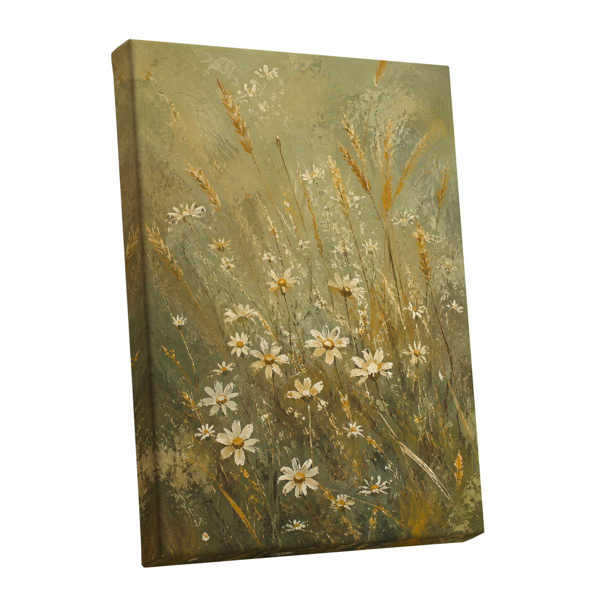 Daisies in the Golden Grass, green, white, beige floral wall art shown as a stretched canvas wall art