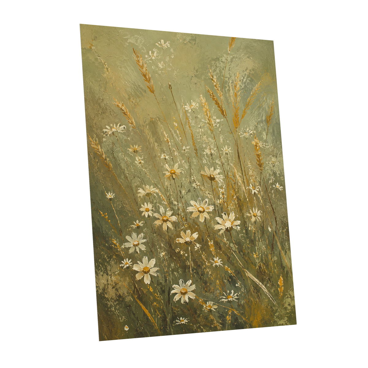Daisies in the Golden Grass, green, white, beige floral wall art shown as a unframed poster wall art print