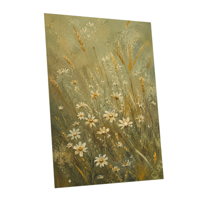 Daisies in the Golden Grass, green, white, beige floral wall art shown as a unframed poster wall art print
