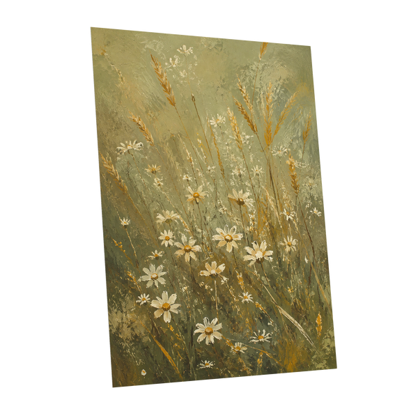 Daisies in the Golden Grass, green, white, beige floral wall art shown as a unframed poster wall art print