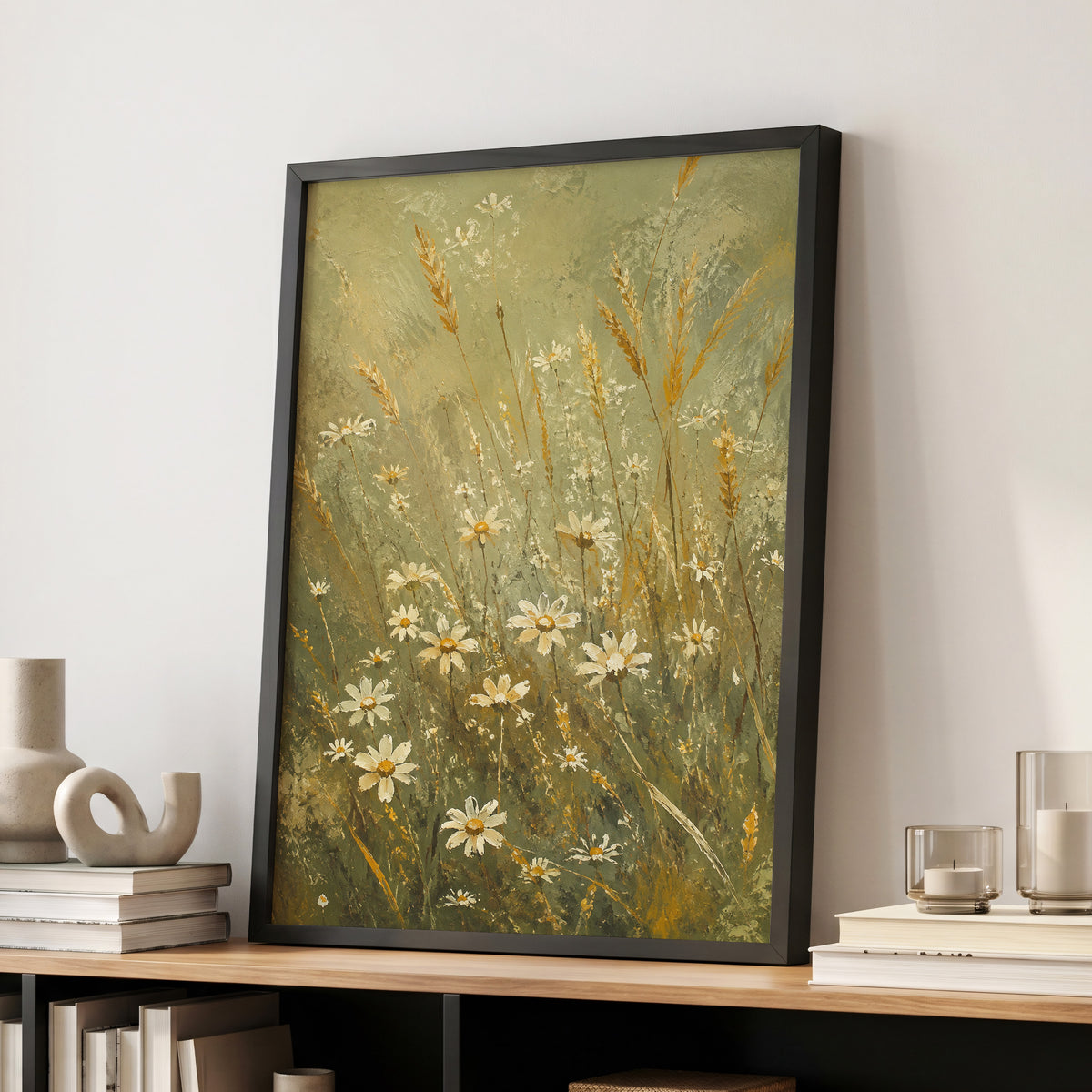 Daisies in the Golden Grass, green, white, beige floral wall art displayed in a styled interior, gallery view 2