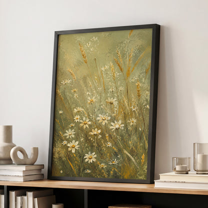 Daisies in the Golden Grass, green, white, beige floral wall art displayed in a styled interior, gallery view 2