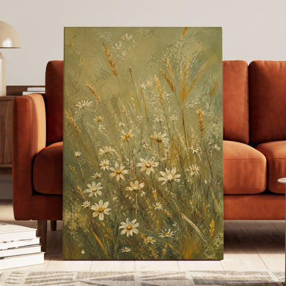 Daisies in the Golden Grass, green, white, beige floral wall art displayed in a styled interior, gallery view 3
