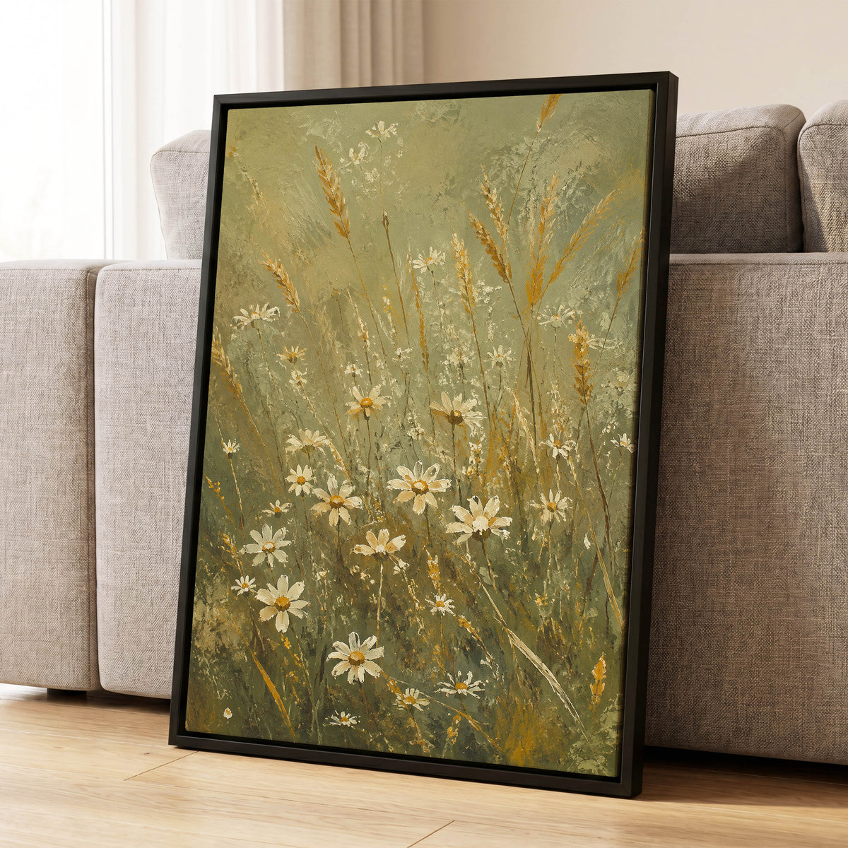 Daisies in the Golden Grass, green, white, beige floral wall art displayed in a styled interior, gallery view 4