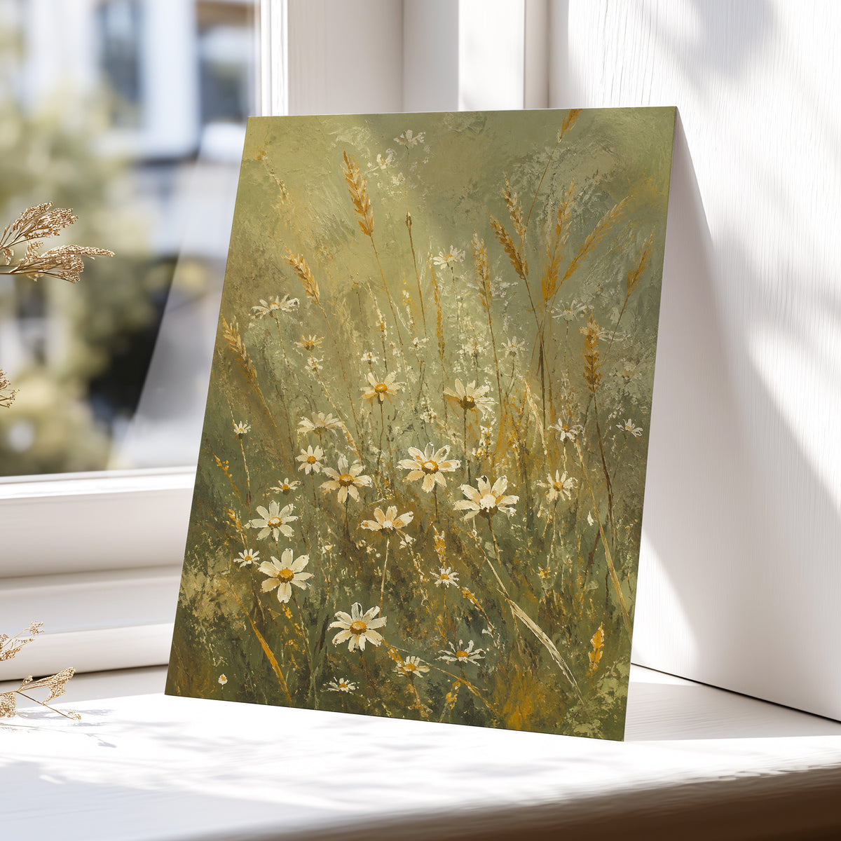 Daisies in the Golden Grass, green, white, beige floral wall art displayed in a styled interior, gallery view 5