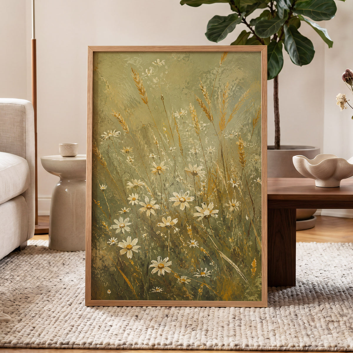 Daisies in the Golden Grass, green, white, beige floral wall art displayed in a styled interior, gallery view 6