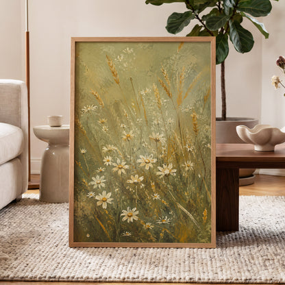 Daisies in the Golden Grass, green, white, beige floral wall art displayed in a styled interior, gallery view 6