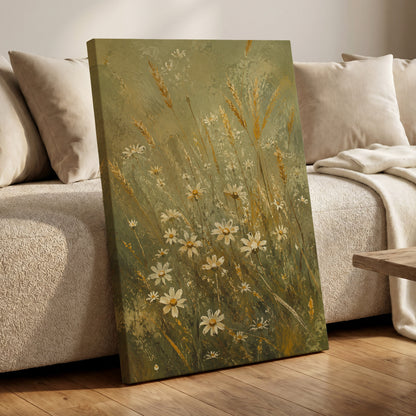 Daisies in the Golden Grass, green, white, beige floral wall art displayed in a styled interior, gallery view 7