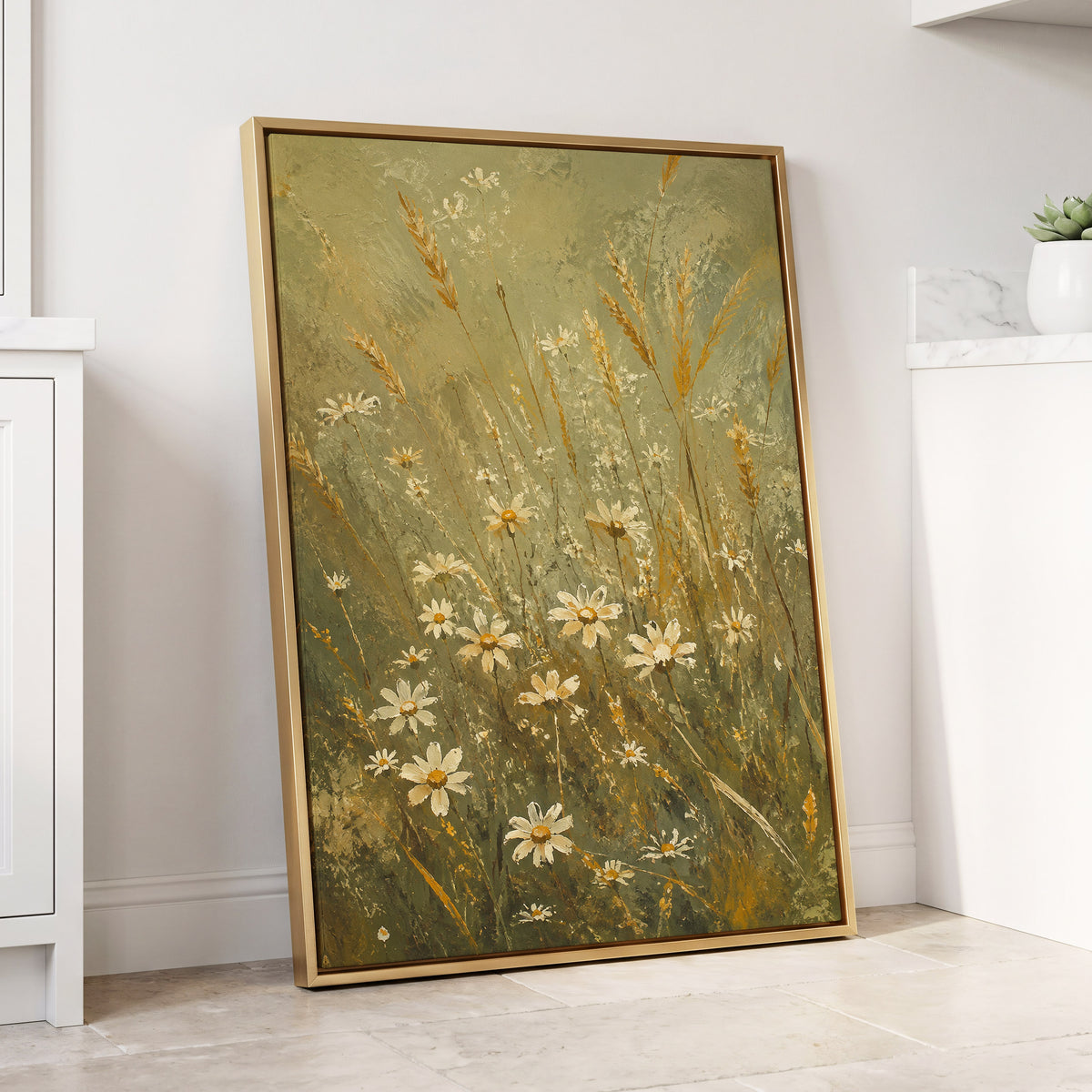Daisies in the Golden Grass, green, white, beige floral wall art displayed in a styled interior, gallery view 8
