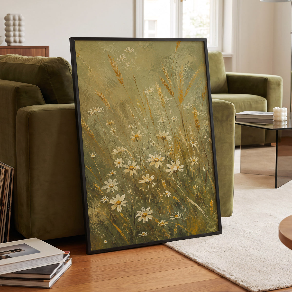 Daisies in the Golden Grass, green, white, beige floral wall art displayed in a styled interior, gallery view 9