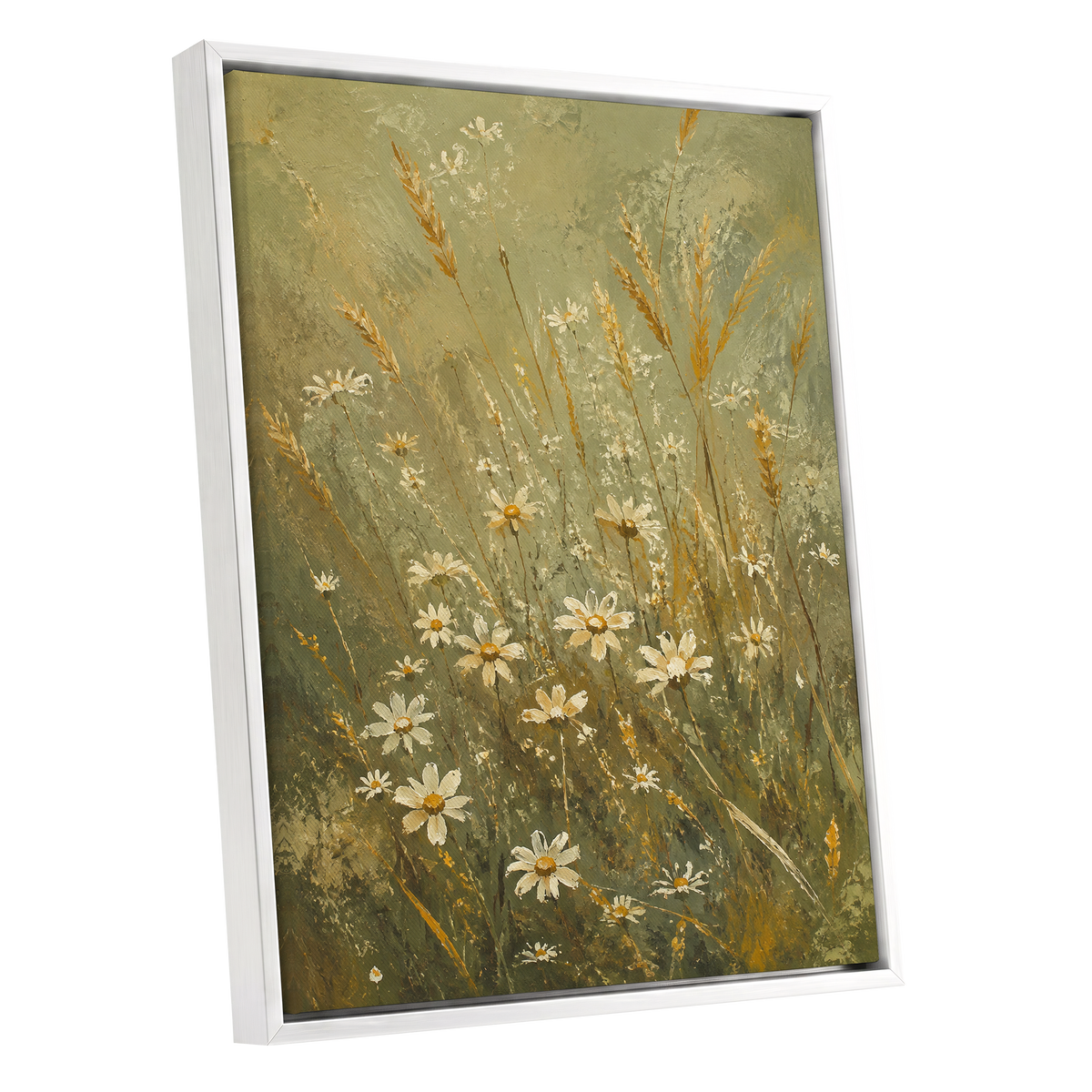 Daisies in the Golden Grass, green, white, beige floral wall art shown as a white framed canvas wall art