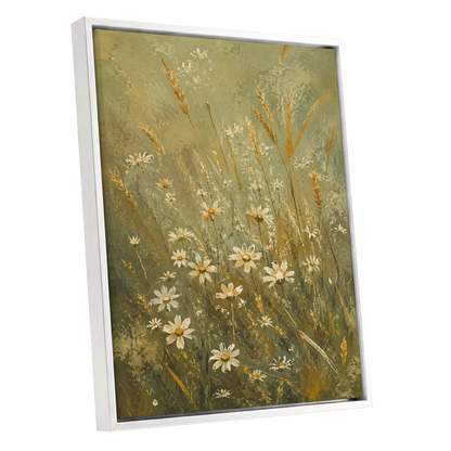Daisies in the Golden Grass, green, white, beige floral wall art shown as a white framed canvas wall art