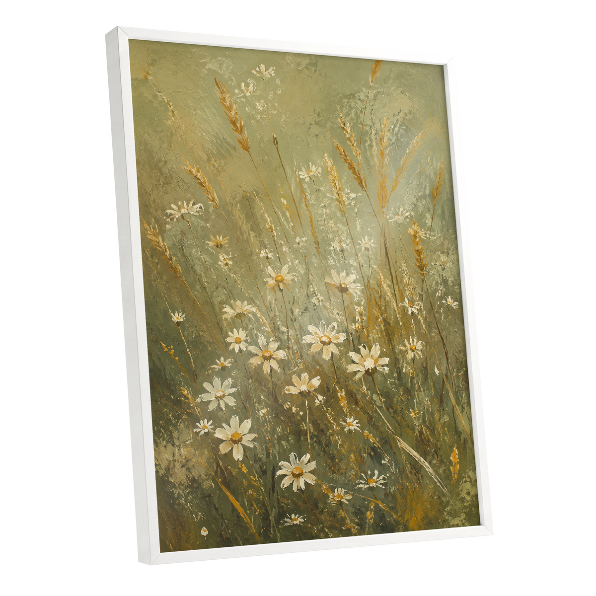 Daisies in the Golden Grass, green, white, beige floral wall art shown as a white framed poster wall art print