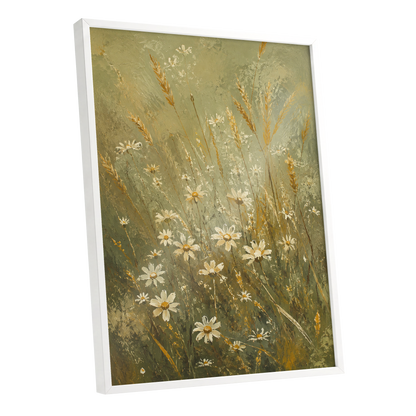 Daisies in the Golden Grass, green, white, beige floral wall art shown as a white framed poster wall art print