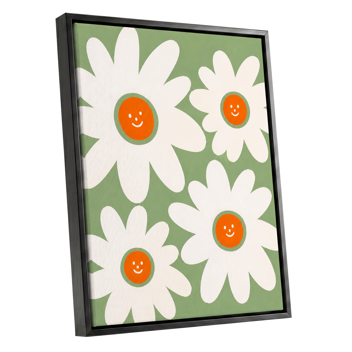 Daisies with a Smile, green, white, orange floral wall art shown as a black framed canvas wall art