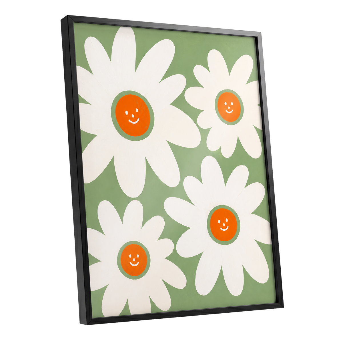 Daisies with a Smile, green, white, orange floral wall art shown as a black framed poster wall art print