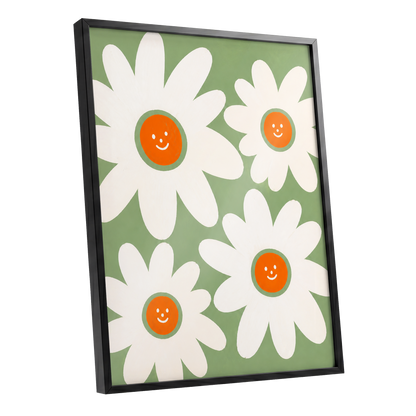 Daisies with a Smile, green, white, orange floral wall art shown as a black framed poster wall art print