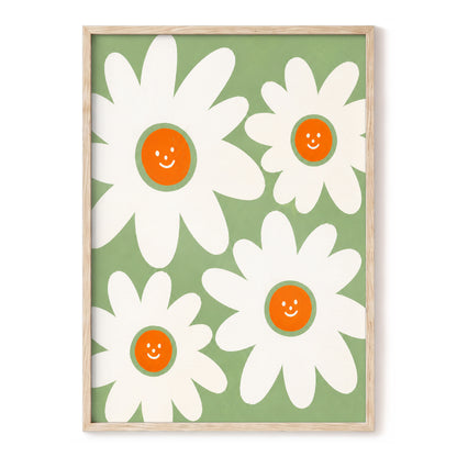 Daisies with a Smile, green, white, orange floral wall art, front artwork view