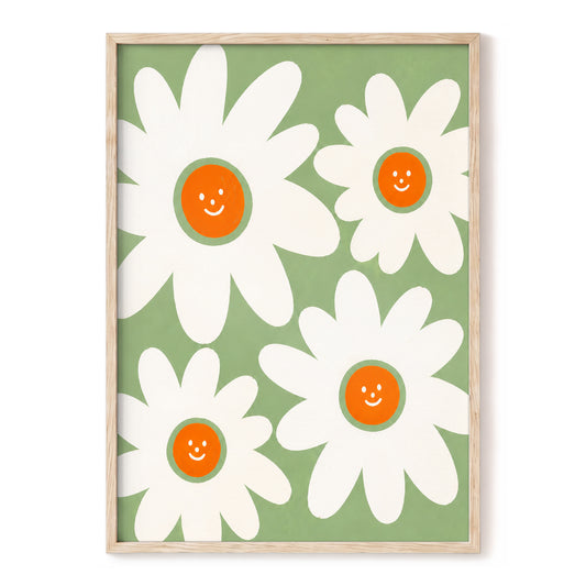 Daisies with a Smile, green, white, orange floral wall art, front artwork view