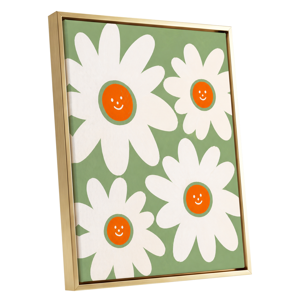Daisies with a Smile, green, white, orange floral wall art shown as a gold framed canvas wall art