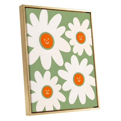 Daisies with a Smile, green, white, orange floral wall art shown as a gold framed canvas wall art