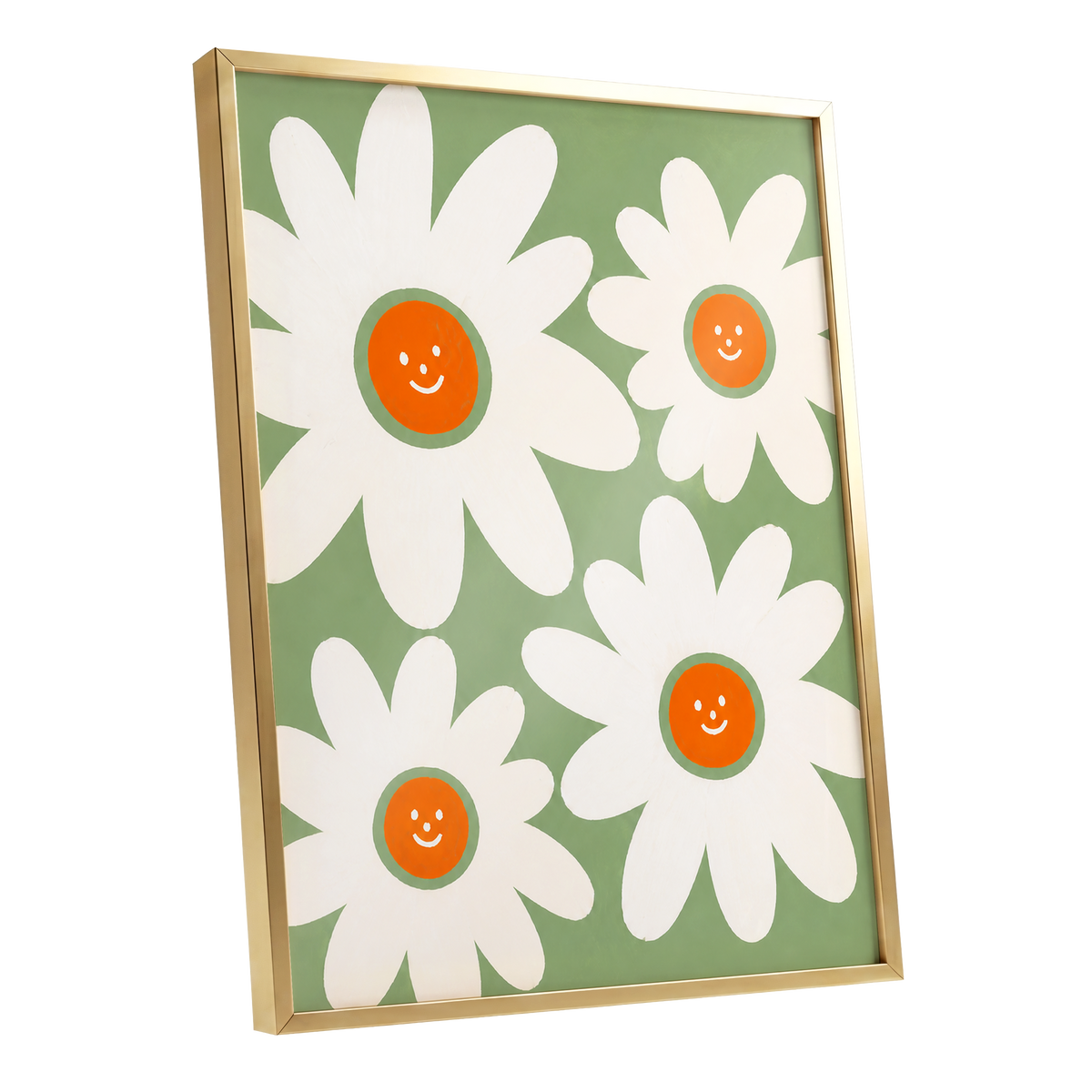 Daisies with a Smile, green, white, orange floral wall art shown as a gold framed poster wall art print