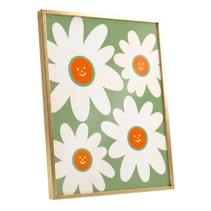 Daisies with a Smile, green, white, orange floral wall art shown as a gold framed poster wall art print