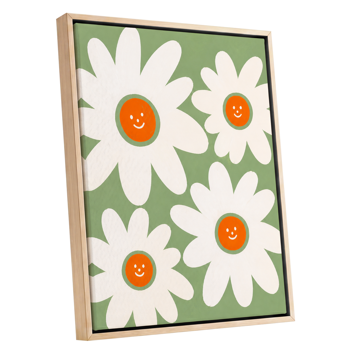 Daisies with a Smile, green, white, orange floral wall art shown as a oak framed canvas wall art
