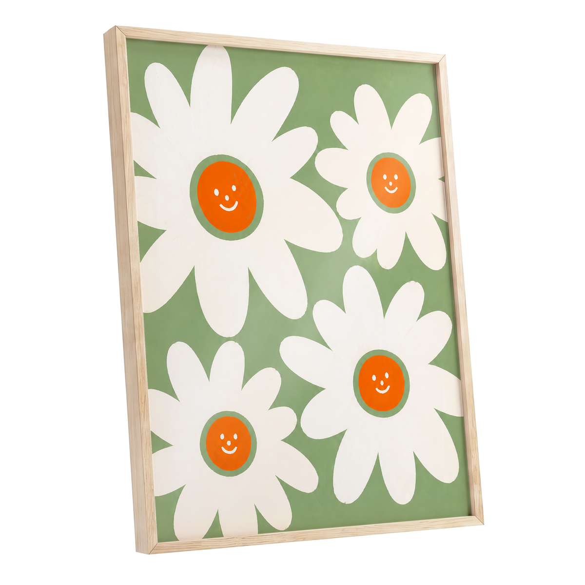 Daisies with a Smile, green, white, orange floral wall art shown as a oak framed poster wall art print