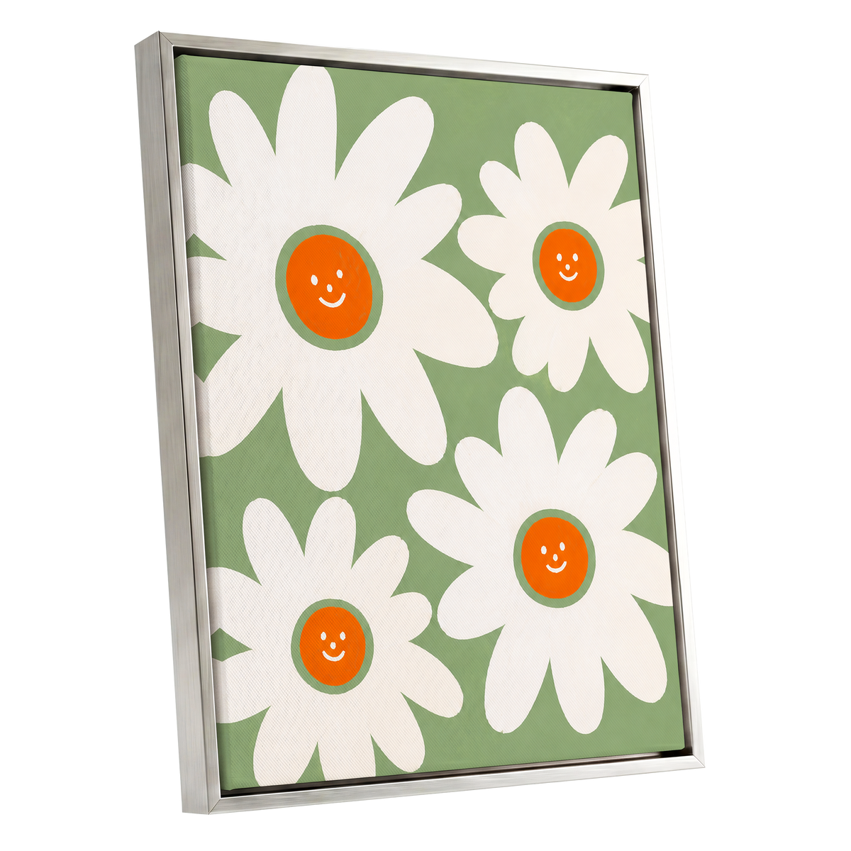 Daisies with a Smile, green, white, orange floral wall art shown as a silver framed canvas wall art