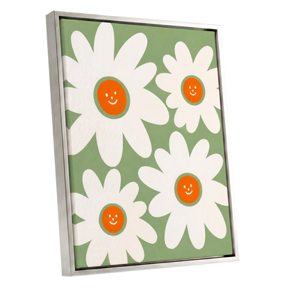 Daisies with a Smile, green, white, orange floral wall art shown as a silver framed canvas wall art