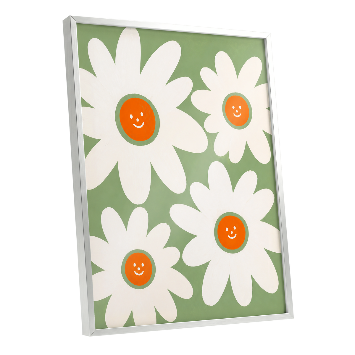 Daisies with a Smile, green, white, orange floral wall art shown as a silver framed poster wall art print