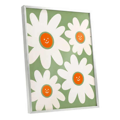 Daisies with a Smile, green, white, orange floral wall art shown as a silver framed poster wall art print