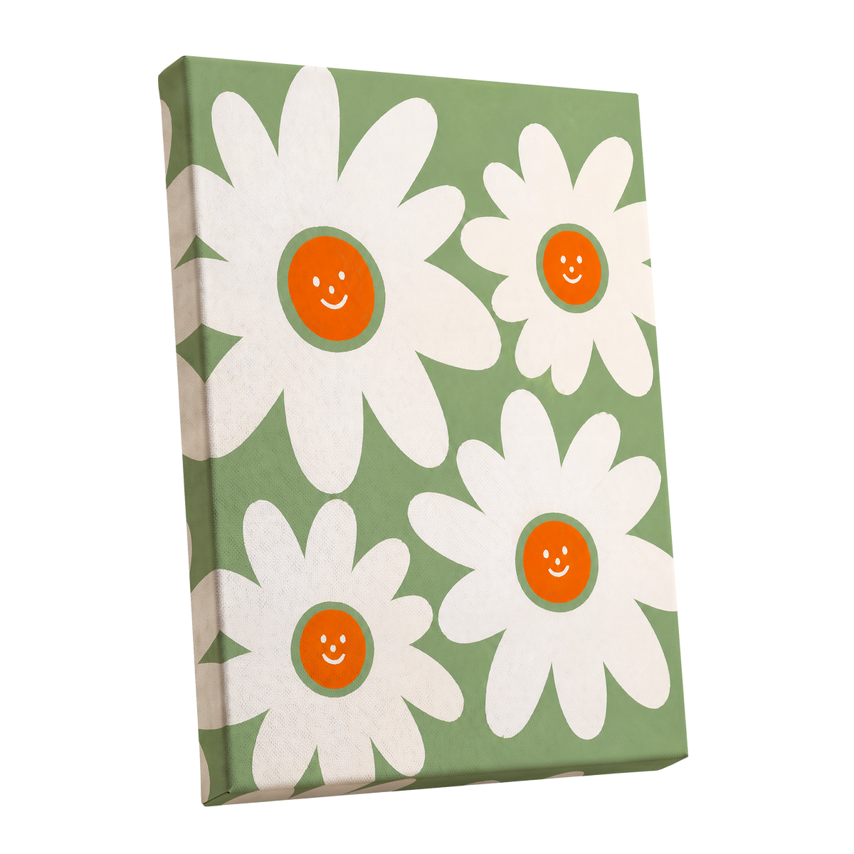 Daisies with a Smile, green, white, orange floral wall art shown as a stretched canvas wall art