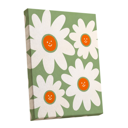 Daisies with a Smile, green, white, orange floral wall art shown as a stretched canvas wall art