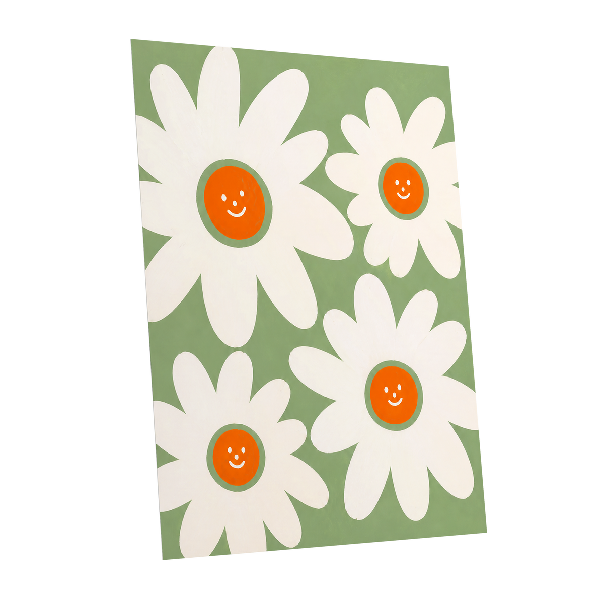 Daisies with a Smile, green, white, orange floral wall art shown as a unframed poster wall art print